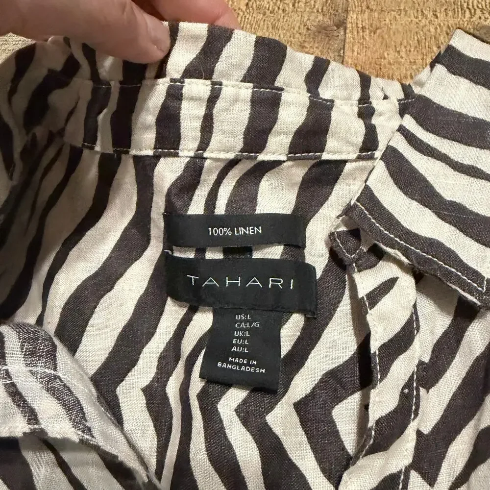 Tahari Wmn Cream Zebra Print 100% Linen Lagenlook Roll Tab Sleeve Tunic Top Sz L - Picture 5 of 5